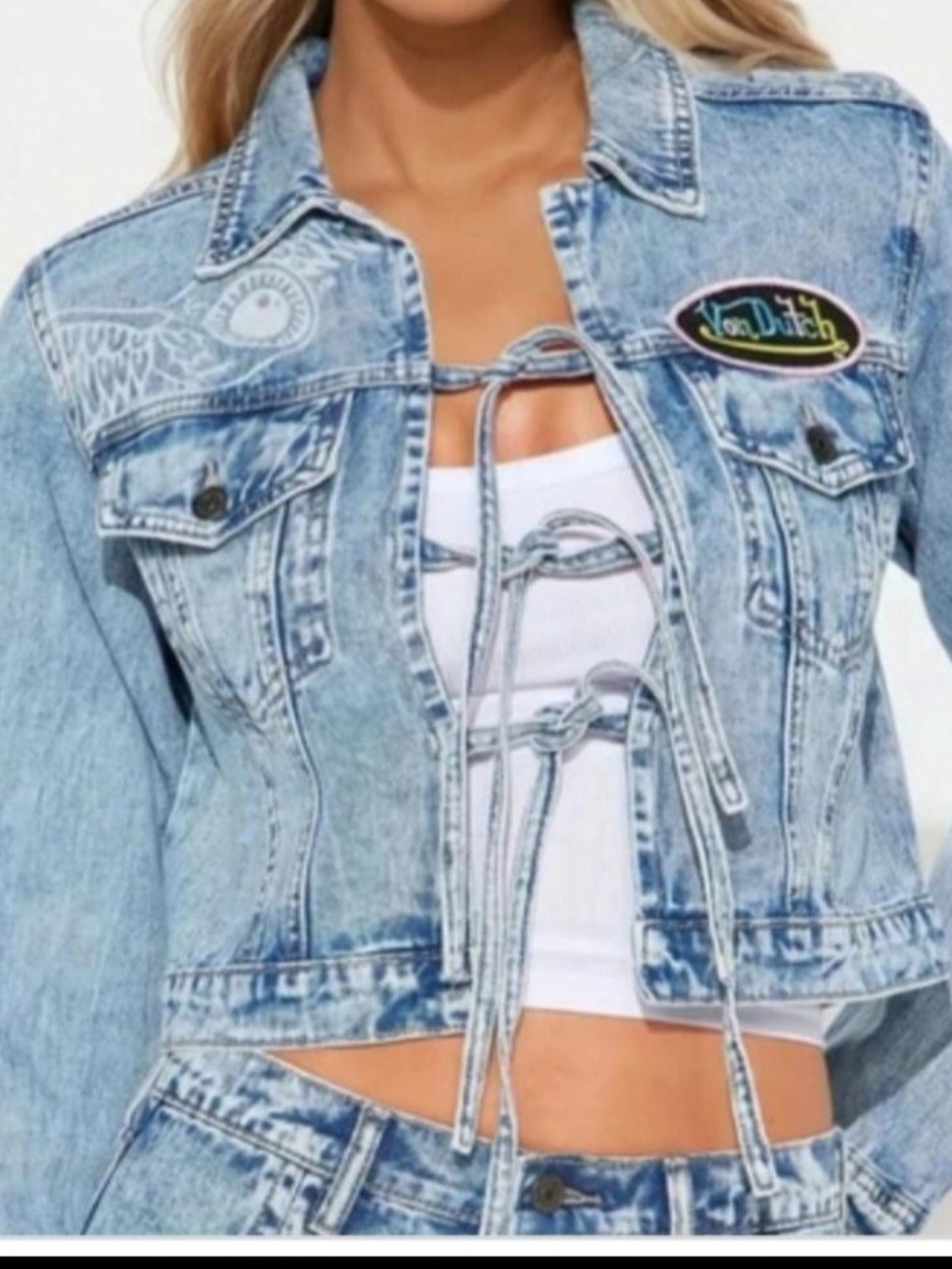 Von Dutch Light Blue Denim Lace-Up Cropped Jacket - Picture 9 of 10